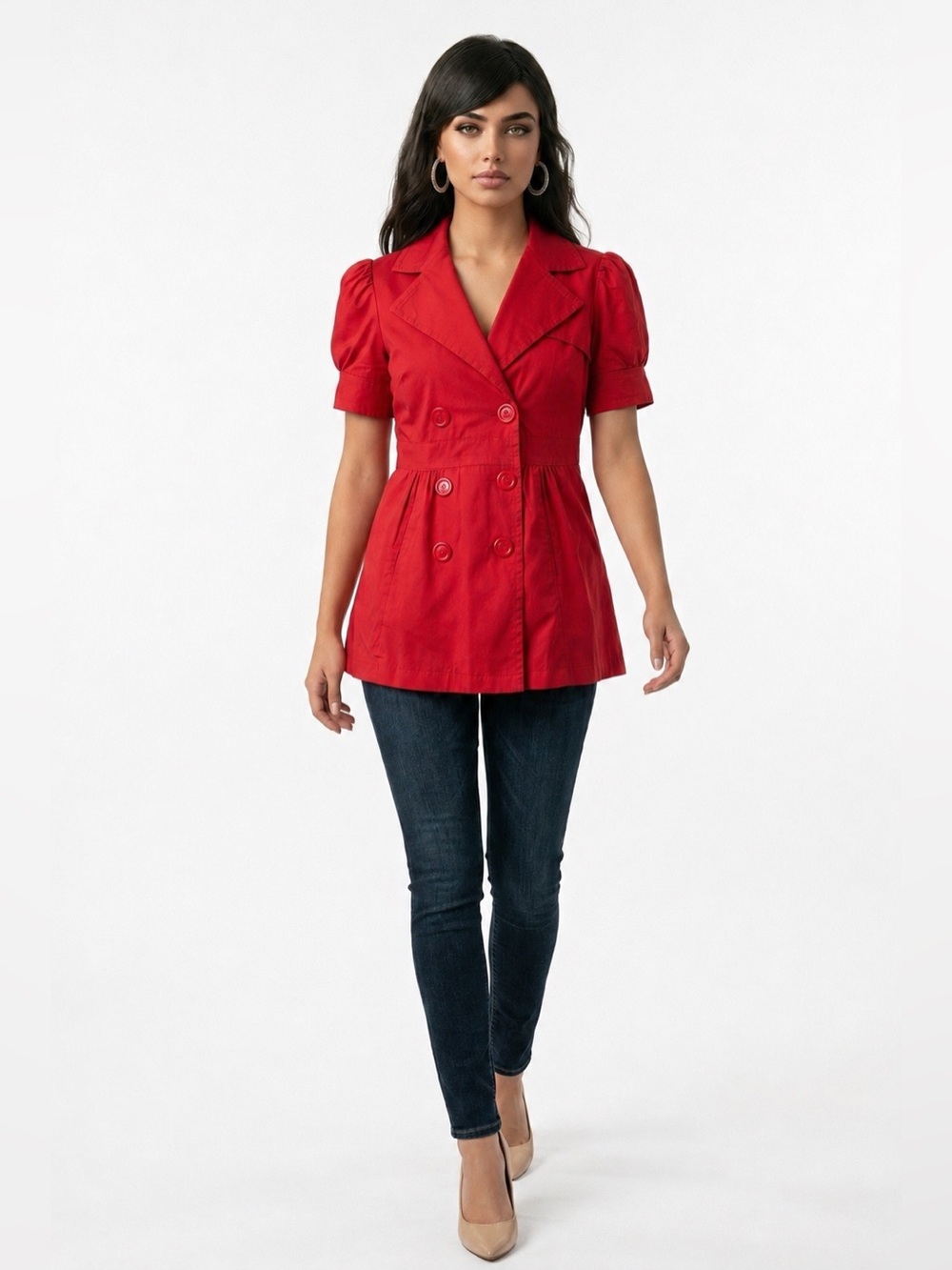 Seduction Red Puff Sleeve Short Trench Jacket Size M